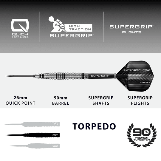 Freccette in acciaio Harrows Supergrip Torpedo Quick Point Dieses Bild zeigt die Harrows Supergrip Torpedo Quick Point Steeldarts. Der Artikel ist in Nahaufnahme zu sehen.
