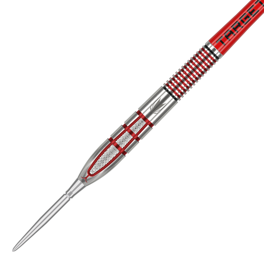 Freccette in acciaio Target Nathan Aspinall GEN2 Swiss Point Das Bild zeigt einen Target Nathan Aspinall GEN2 Swiss Point Steeldart. Der Dart hat ein silbernes und rotes Design mit präzisen Gravuren und Rillen für besseren Halt.