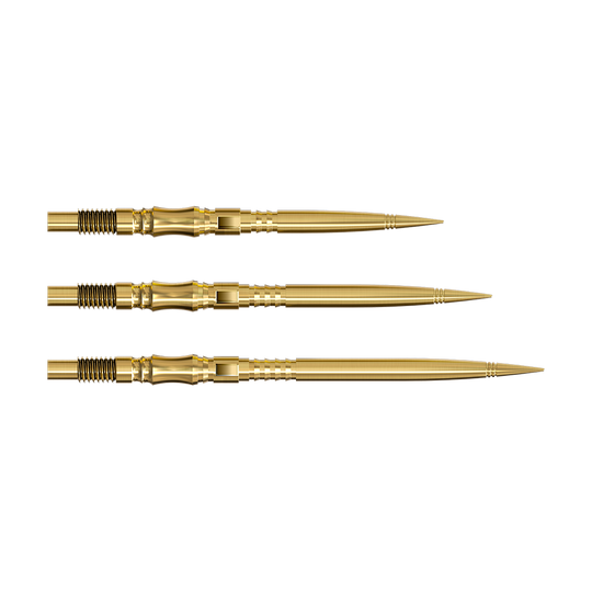 Punte per freccette Harrows Quick Point Axis Elite Series - Oro Die Harrows Quick Point Axis Elite Series Dartspitzen in Gold sind auf dem Bild zu sehen. Mehrere goldene Dartspitzen liegen nebeneinander.