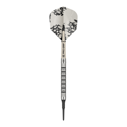 Freccette morbide Target EXO 11 Dies ist ein Softdart des Modells "Target EXO 11". Er hat ein silbernes Barrel mit Rillen und ein Flight mit schwarz-weißem Muster.