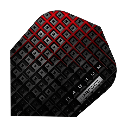HR36_Harrows_Prime_Magnum_Reloaded_Standard_Flights_1 Dies ist ein Harrows Prime Magnum Reloaded Standard Flight. Das Design ist schwarz mit roten und grauen geometrischen Mustern und den Aufschriften „MAGNUM“ und „HARROWS“.
