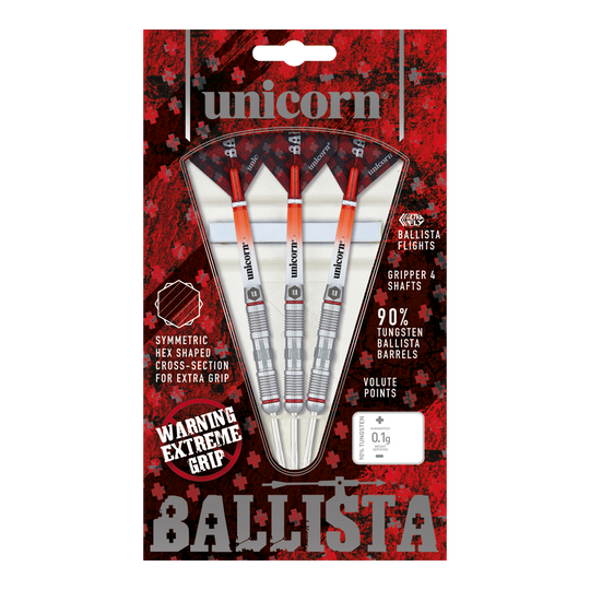 Unicorn Ballista Style 2 dardi in acciaio Das Bild zeigt eine Packung "Unicorn Ballista Style 2 Steeldarts" mit drei Darts. Die Verpackung hebt den extremen Grip und den 90%igen Tungsten-Anteil der Barrels hervor.