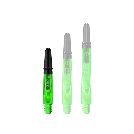 HR452_Harrows_Carbon_360_Shafts_Gr-n_35mm_1 Auf dem Bild sind drei grüne Dartschafts mit schwarzem oberen Ende zu sehen. Die Schäfte sind unterschiedlich lang und haben die Aufschrift „C-360“.