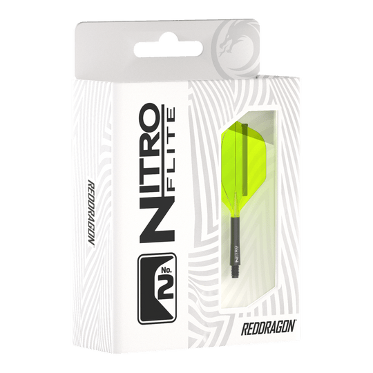 Die Abbildung zeigt die Verpackung des Produkts "Red Dragon Nitroflite - Black Shaft Yellow No2 Flights". In der Packung ist ein Dartflight mit gelben Flügeln und schwarzem Schaft zu sehen.