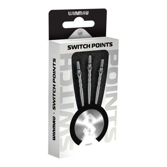 Punte per freccette in acciaio Winmau Switch Point Groove - Effetto argento Das Bild zeigt Winmau Switch Point Groove Steeldartspitzen im Silver Effect. Die Dartspitzen besitzen Rillen und eine silberne Oberfläche.