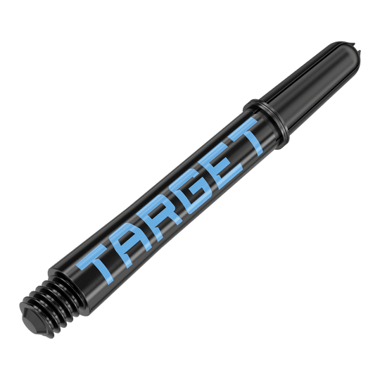 Aste Target Pro Grip TAG - 3 set - Nero Blu Dies ist ein schwarzer Dart-Schaft mit blauer Schrift. Auf dem Schaft steht das Wort "TARGET".