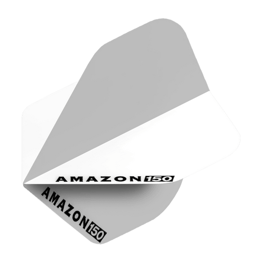 Amazon 150 voli - Bianco Das Bild zeigt ein weißes Amazon 150 Flights Dart-Flügel. Auf dem Flight steht in schwarzer Schrift "AMAZON 150".