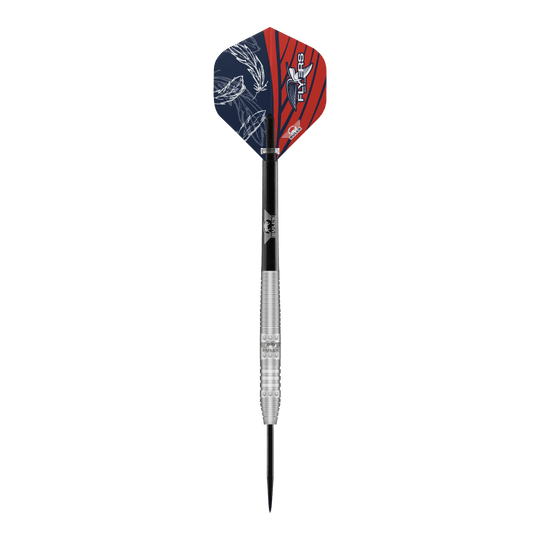 Bulls NL Richard Veenstra 80 freccette in acciaio - 23 g Das Bild zeigt einen Steeldartpfeil namens "Bulls NL Richard Veenstra 80 Steeldarts - 23g". Der Dart hat eine silberne, gerillte Spitze und bunte Flights in Blau und Rot mit weißen Mustern.