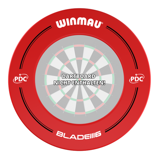 Das Bild zeigt einen roten Winmau PDC Dartboard Surround. In der Mitte steht: "Dartboard nicht enthalten!"