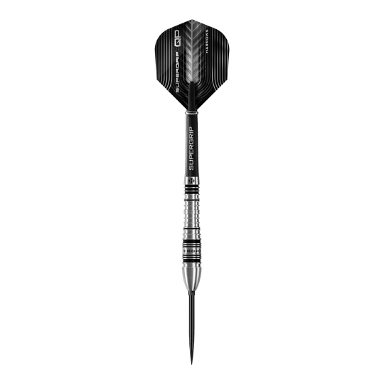 Das Bild zeigt die Harrows Supergrip Bomb Quick Point Steeldarts. Die Darts sind für präzises Werfen im Dartspiel entwickelt.