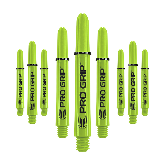 Target Pro Grip Shafts - 3 set - Verde lime Auf dem Bild sind neun limegrüne Dart-Schäfte mit der Aufschrift "PRO GRIP" zu sehen. Sie stehen aufrecht und sind gleichmäßig angeordnet.