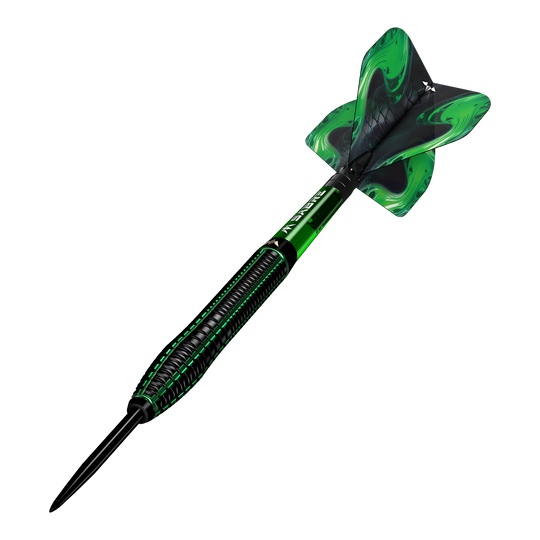 Freccette in acciaio Mission Venom Das Bild zeigt einen Mission Venom Steeldart mit schwarzem und grünem Design. Die Flights sind ebenfalls grün mit einem geschwungenen Muster.