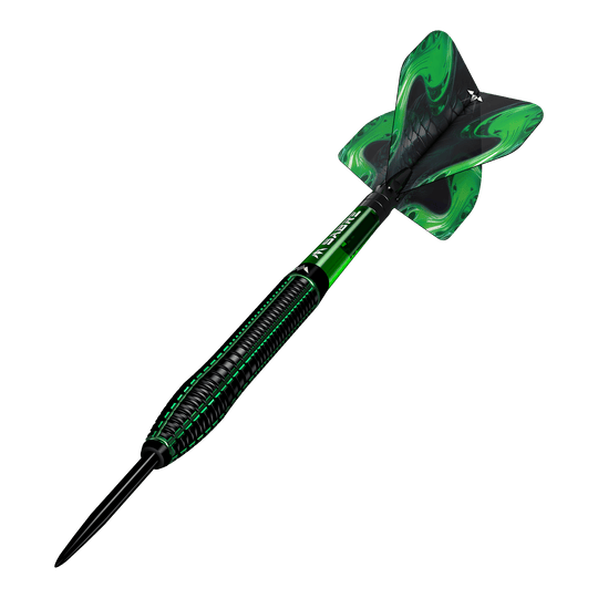 Freccette in acciaio Mission Venom Mission Venom Steeldarts sind als Set dargestellt. Die Barrels zeigen eine verspielte Struktur.