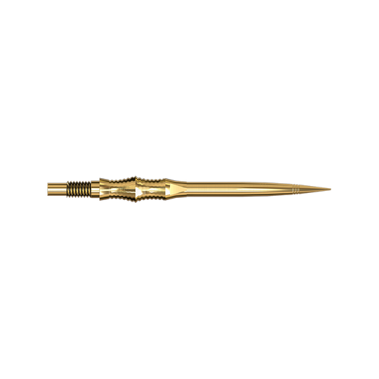 Harrows Quick Point Apex Spire Elite Series Dartspitzen - Gold Apex Spire Gold Elite Serie Dartspitzen in 35mm sind abgebildet. Sie sind lang und goldfarben.