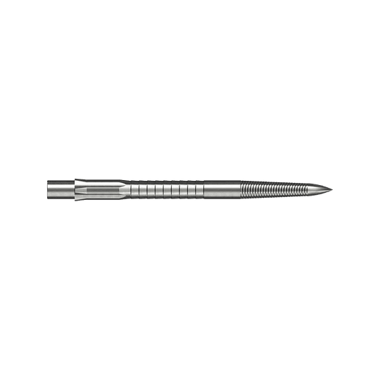 Das Bild zeigt eine silberne Steeldartspitze mit feinen Rillen für besseren Halt. Die Spitze ist gerade und misst 32 mm in der Länge.