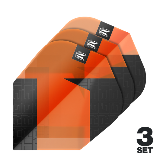 Das Bild zeigt drei Sätze orangefarbener Dart-Flights mit schwarzem Muster. In der rechten unteren Ecke steht "3 SET".