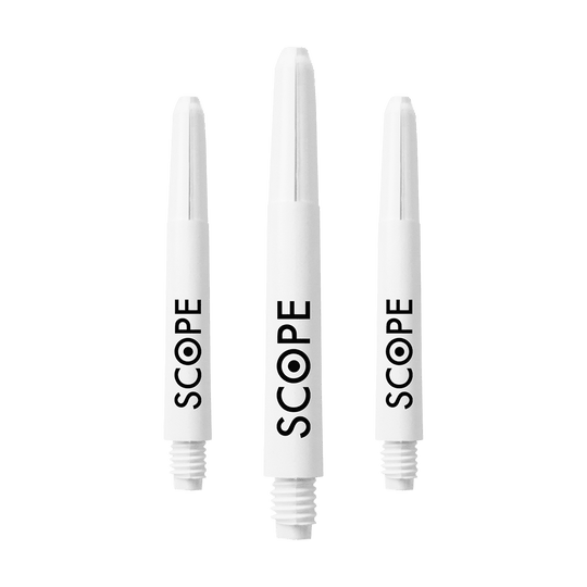 Das Bild zeigt drei weiße McDart Scope Nylon Shafts. Auf jedem Shaft steht das Wort "SCOPE" in schwarzer Schrift.
