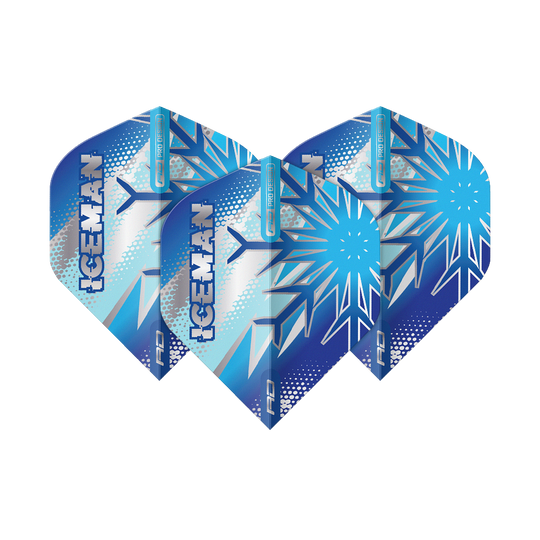 Voli standard Red Dragon Gerwyn Price Blue Flake No2 Das Bild zeigt drei blaue Dart-Flights mit Eiskristall-Muster und dem Schriftzug "ICEMAN". Die Flights sind das Produkt "Red Dragon Gerwyn Price Blue Flake No2 Standard Flights".