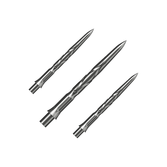 Punte per freccette in acciaio Caliburn System - HAN G2 - Argento Auf dem Bild sind drei silberne Steeldartspitzen zu sehen. Sie haben eine spitz zulaufende Form mit eingeritztem Muster.