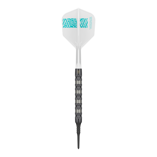 Freccette morbide Target Rob Cross 95K Swiss Point - 18 g Der Target Rob Cross 95K Swiss Point Softdart wiegt 18 Gramm und hat ein auffälliges, strukturiertes Barrel. Die Flight ist weiß mit türkisfarbenem Muster und der Aufschrift "VOLTAGE".