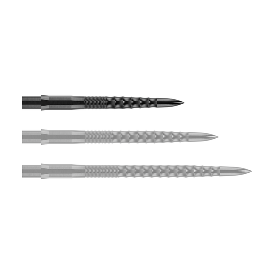 Punte per freccette Mission Caliburn EVO - Ripple - Nere Das Bild zeigt drei schwarze Steeldartspitzen mit einer geriffelten Oberfläche. Sie sind nebeneinander angeordnet und haben eine spitz zulaufende Form.