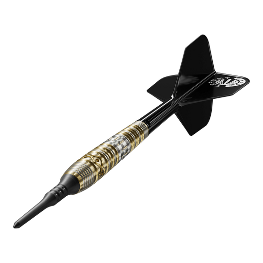 Target Japan Hot Shot GEN2 Freccette morbide - 19 g Das Bild zeigt einen Softdartpfeil namens "Target Japan Hot Shot GEN2 Softdarts - 19g". Der Dart hat ein schwarz-goldenes Design mit einer schwarzen Spitze und schwarzen Flights.