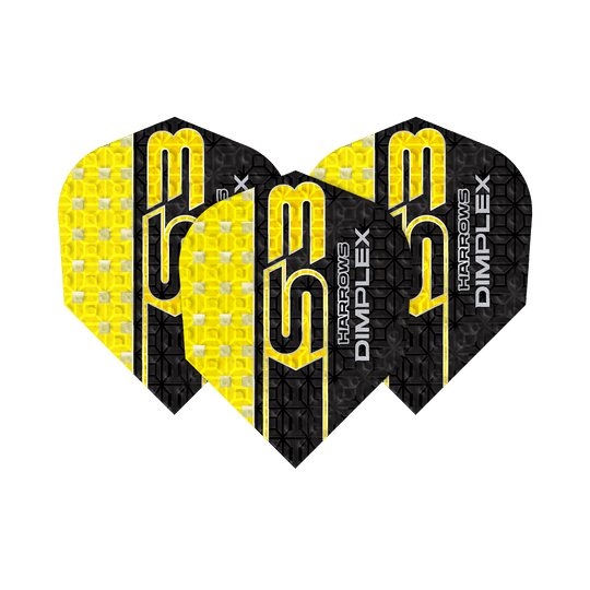 Harrows Dimplex S3 Flights - Giallo Das Bild zeigt drei gelbe und schwarze Dartflights des Modells "Harrows Dimplex S3". Auf den Flights steht der Schriftzug "S3 HARROWS DIMPLEX".