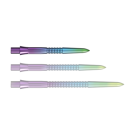 Punte per freccette Mission Caliburn EVO GV1 - Arcobaleno Gezeigt wird eine einzelne Steeldartspitze mit Rainbow-Effekt. Die Oberfläche schimmert in verschiedenen Farbtönen.