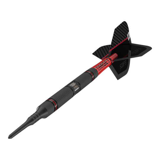 Mirino 10 freccette morbide Das Bild zeigt einen modernen Softdart mit dem Namen "Target Scope 10 Softdarts". Der Dart ist schwarz und rot gestaltet und hat eine auffällige, strukturierte Oberfläche sowie eine schwarze Flight.