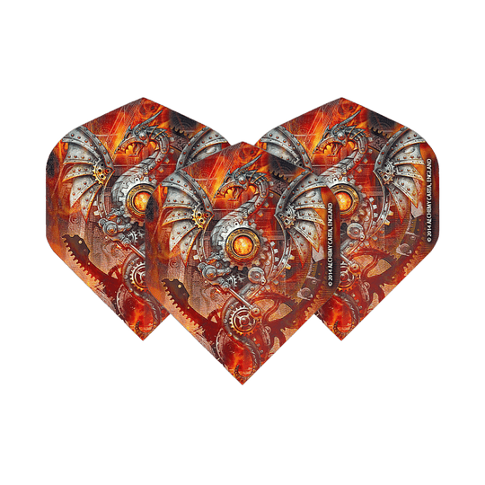 Voli standard del drago tecnico dell'alchimia n. 2 Das Bild zeigt drei Dart-Flights mit einem mechanischen Drachenmotiv in leuchtenden Orange- und Silbertönen. Die Flights sind das Produkt "Alchemy Tech Dragon No2 Standard Flights".