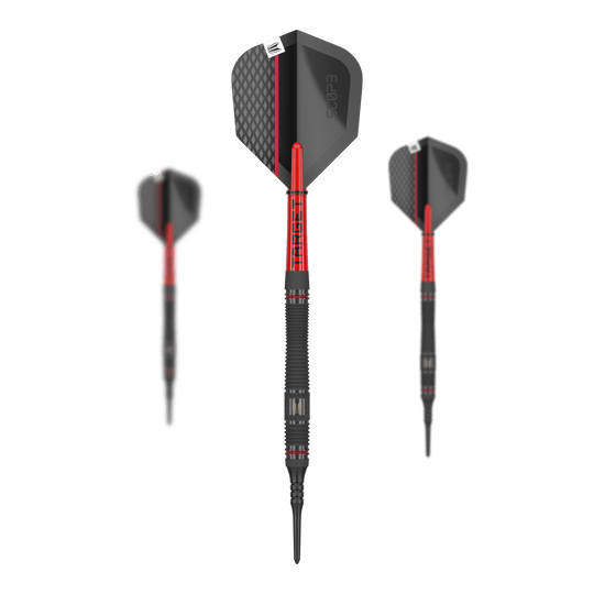 Target per mirino 11 freccette morbide Das Bild zeigt drei Softdarts des Produkts „Target Scope 11“. Die Darts haben ein schwarzes und rotes Design mit strukturierten Flights.