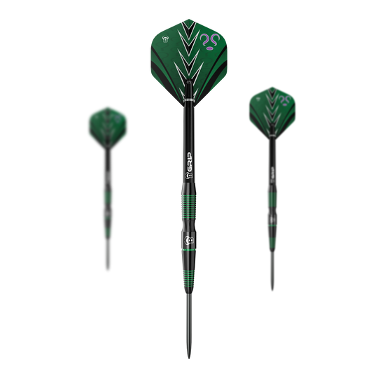 Auf dem Bild ist ein Set der Bulls Brian Raman G2 Steeldarts dargestellt. Das Set ist für Steeldart-Enthusiasten geeignet.