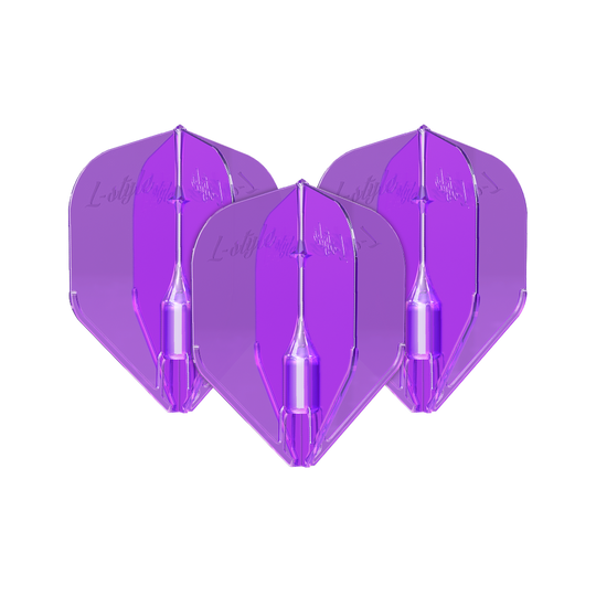 Alette L-Style Fantom L3EZ viola Das Bild zeigt drei violette L-Style Fantom L3EZ Flights für Darts. Sie sind nebeneinander angeordnet und haben eine glänzende, transparente Oberfläche.