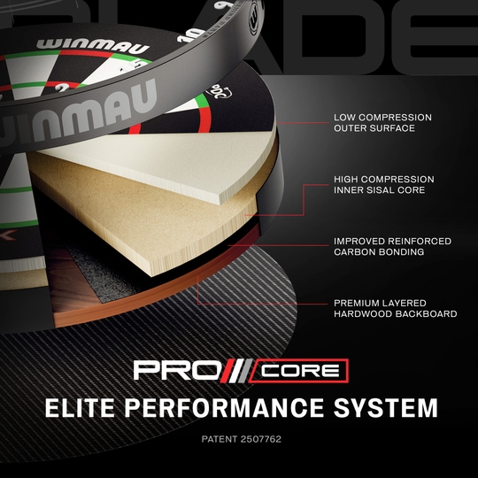 Bersaglio per freccette in acciaio Winmau Blade X ProCore Das Bild zeigt einen weiteren Blick auf das Winmau Blade X ProCore Steeldartboard. Die Aufnahme fokussiert auf die Oberfläche und das Segment-Design.