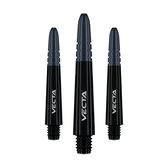 Alberi Winmau Vecta - Nero Auf dem Bild sind drei schwarze Dart-Schäfte mit der Aufschrift "Vecta" zu sehen. Sie sind unterschiedlich groß und haben ein modernes, glänzendes Design.