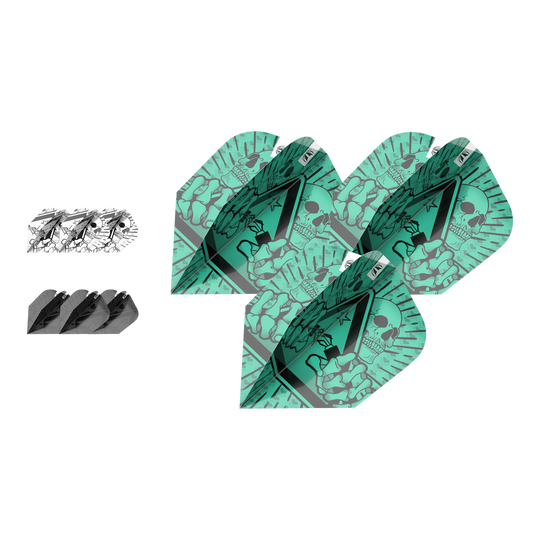 Target Ink Bundle 3 set di alette Rob Cross Ten-X Das Bild zeigt das Produkt „Target Ink Bundle 3 Sets Rob Cross Ten-X Flights“. Es sind drei verschiedene Dart-Flights mit auffälligen Mustern zu sehen, darunter ein grünes Design mit Totenkopf.