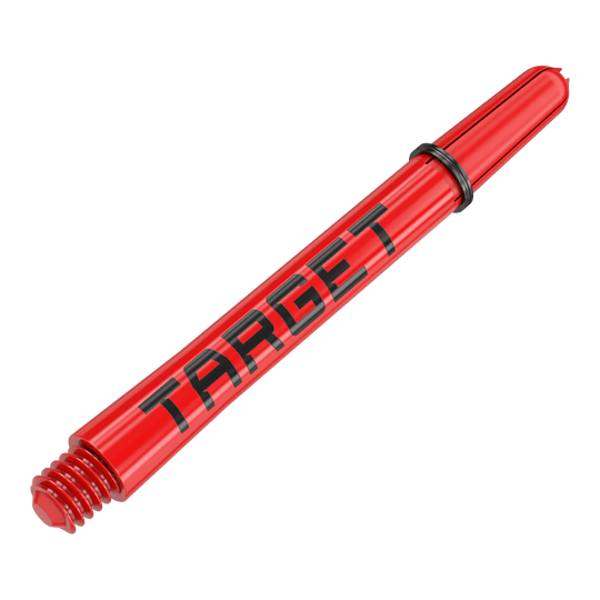 Aste Target Pro Grip TAG - 3 set - Rosso Auf dem Bild ist ein roter Dart-Schaft mit der Aufschrift "TARGET" zu sehen. Der Schaft hat am Ende ein Schraubgewinde und einen schwarzen Gummiring.
