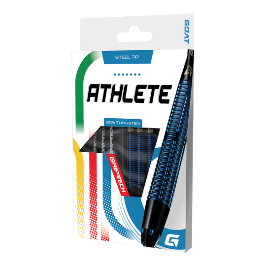 Freccette in acciaio al tungsteno blu GOAT Athlete Das Foto zeigt die GOAT Athlete Black Tungsten Steeldarts. Diese Steeldarts zeichnen sich durch ihre Robustheit aus.