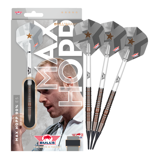 Freccette morbide Bulls NL Max Hopp E5 - 20 g Zu sehen ist das Set Bulls NL Max Hopp E5 Softdarts im Gewicht 20g. Die Darts sind ideal für Softdart-Enthusiasten geeignet.