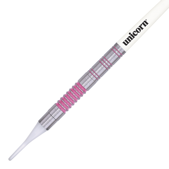 06033_Unicorn_Autograph_Softdarts_2 Das Bild zeigt einen Unicorn Autograph Softdart mit einem Gewicht von 19 Gramm. Der Dart hat ein silbernes Barrel mit rosa Ringen und eine weiße Spitze.