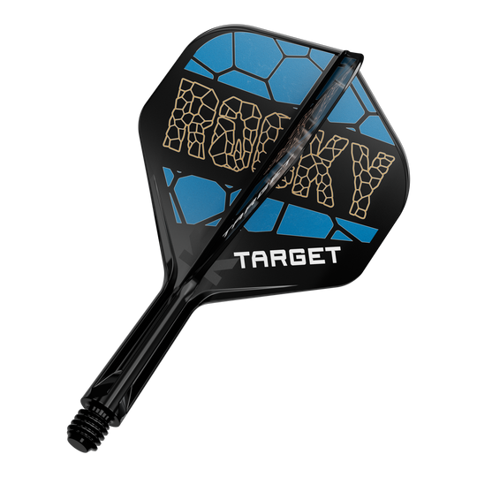 Sistema di alberi di volo standard Target K-Flex Josh Rock No2 Auf dem Bild ist ein Dart-Flight-System mit der Aufschrift „ROCKY“ in gelber Schrift zu sehen. Das Design ist schwarz und blau und darunter steht das Wort „TARGET“.