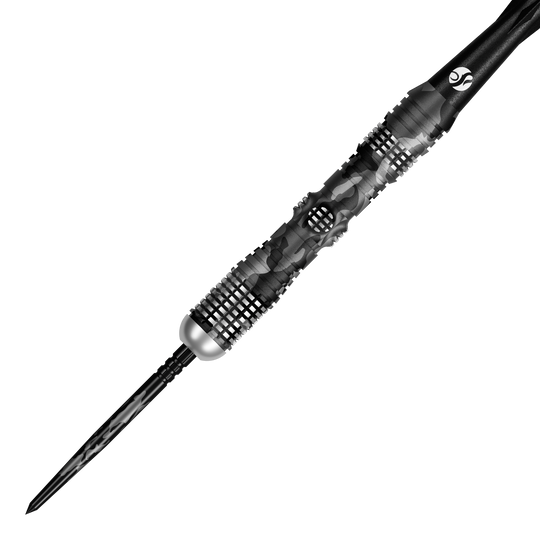 Shot Camo Longshot Turbo Point Steeldarts mit 23 Gramm Gewicht sind abgebildet. Die Steeldarts sind speziell gestaltet.