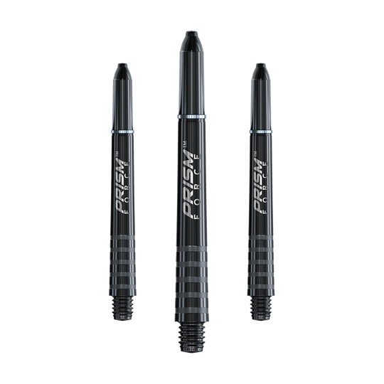 7020-401_Winmau_Prism_Force_Shafts_Schwarz_41mm_1 Auf dem Bild sind drei schwarze Dartschäfte mit der Aufschrift "PRISM FORCE" zu sehen. Sie haben ein gerilltes Design und sind jeweils unterschiedlich angeordnet.