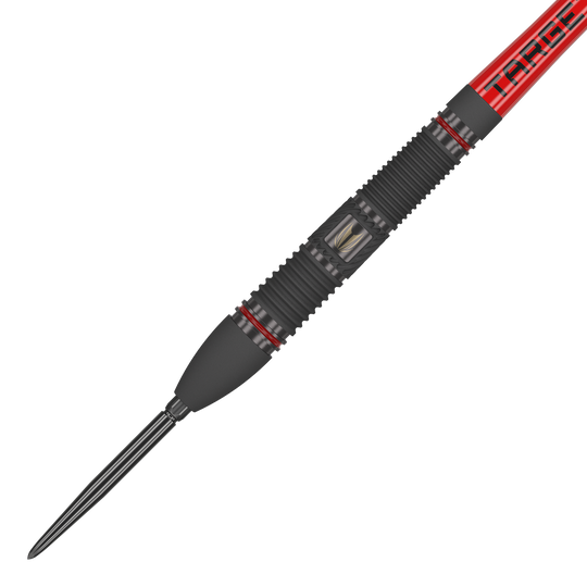 Freccette in acciaio Target Scope 02 Swiss Point Das Bild zeigt einen Target Scope 02 Swiss Point Steeldart mit einem schwarzen und roten Design. Der Dartpfeil hat eine gerillte Griffzone und eine scharfe Metallspitze.