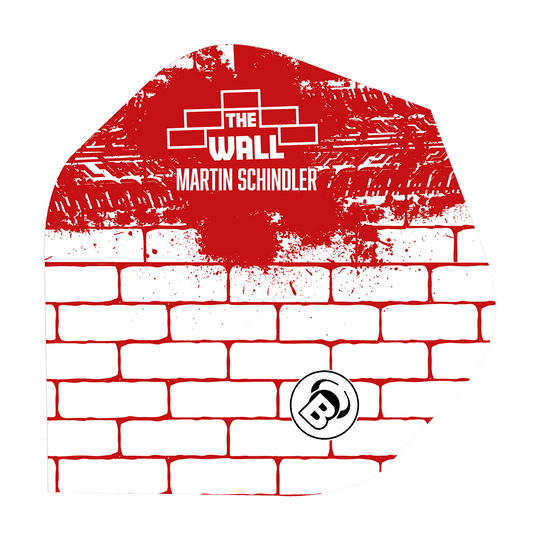 Bulls Metrixx Martin Schindler Bianco Rosso No2 Voli Standard Das Bild zeigt ein Dart-Flight mit einem weißen Ziegelmuster und roten Farbspritzern. Oben steht „THE WALL MARTIN SCHINDLER“ und unten ist ein „B“-Logo abgebildet.