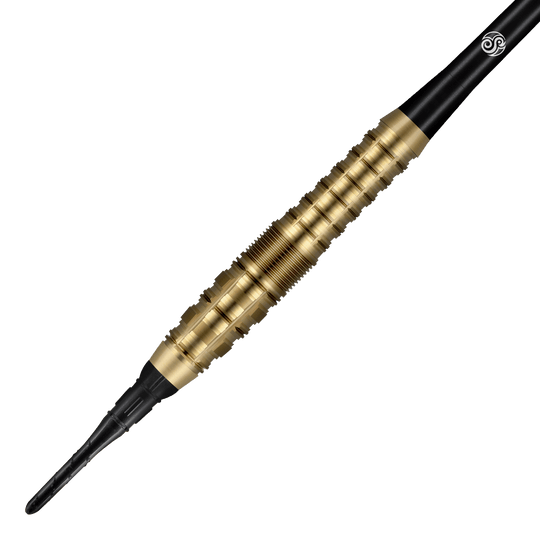Freccette morbide Shot Redline Gizmo - 20 g Das Bild zeigt einen Shot Redline Gizmo Softdart mit einem Gewicht von 20 Gramm. Der Dartpfeil hat einen goldfarbenen, geriffelten Griffbereich und eine schwarze Spitze.