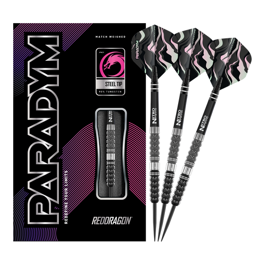 Freccette in acciaio coniche Paradym Red Dragon Das Bild zeigt das Produkt "Red Dragon Paradym Tapered Steeldarts" mit einer schwarzen Verpackung und drei Steeldarts. Die Darts haben schwarze, silberne und rosafarbene Details sowie auffällige Flights.