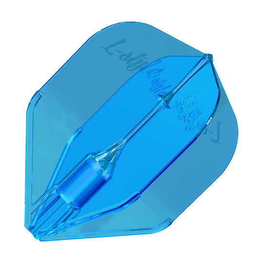 Alette Fantom L3EZ stile L blu Das Bild zeigt ein blaues Dart-Flight mit dem Namen "L-Style Fantom L3EZ". Es hat eine transparente Optik und die Aufschrift "L-Style" ist darauf zu sehen.