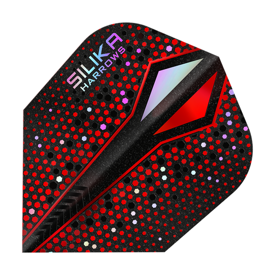 Rivestimento cristallino resistente Harrows Silika Colourshift Red-X No6 Flights Das Bild zeigt ein Dart-Flight mit einem auffälligen roten und schwarzen Punktmuster. In der oberen Ecke steht der Schriftzug "Silika Harrows".