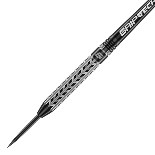 Freccette in acciaio al tungsteno GOAT Traction Das Bild zeigt einen GOAT Traction Tungsten Steeldart mit einem silbernen, strukturierten Griffbereich. Auf dem Schaft steht in weißer Schrift "GRIPTECH".